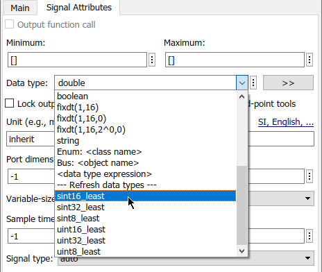 Signal Attributes tab with Data type dropdown showing imported adaptive platform types such as sint16_least and uint32_least.