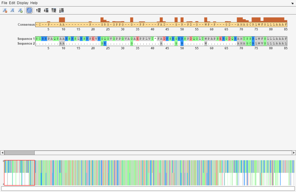 Figure Biological Sequence Alignment - 1 contains 3 axes objects and other objects of type uipanel, uitoolbar, uimenu. Axes object 1 contains an object of type patch. Axes object 2 contains 4 objects of type image, patch. Hidden axes object 3 contains 6 objects of type image, patch, text.