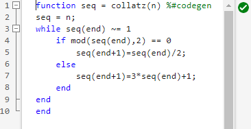 MATLAB Editor window, showing where to insert the %#codegen pragma.
