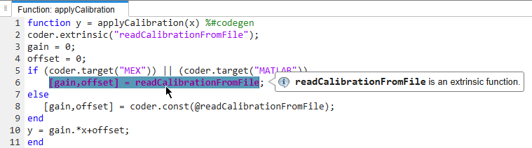 Code generation report, with function readCalibrationFromFile highlighted in purple. A tooltip indicates that this function is an extrinsic function.