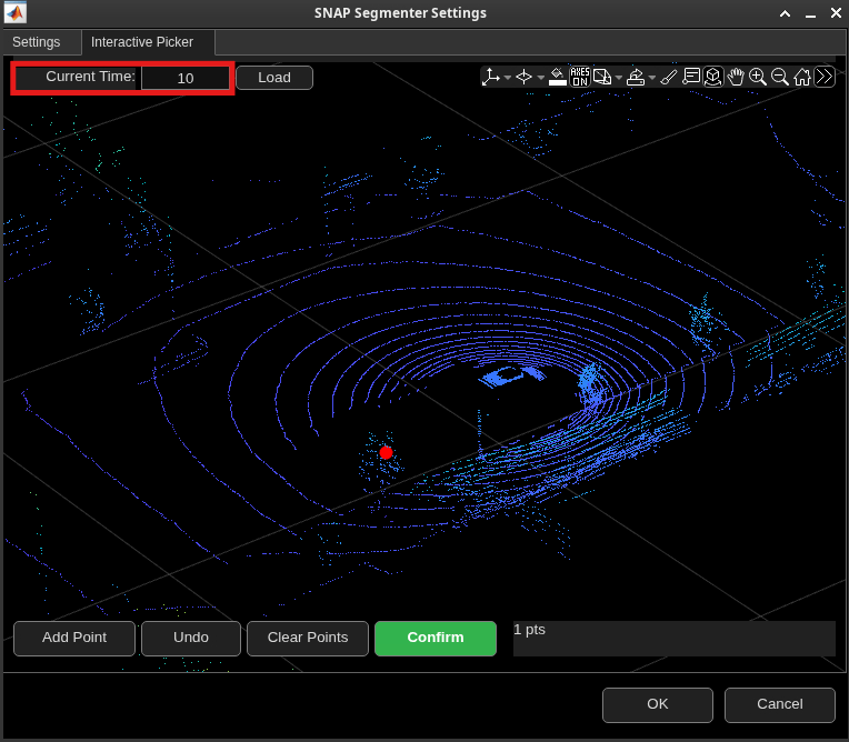 Interactive Picker tab in the SNAP Segmenter Settings dialog showing the Current Time and a point cloud with a red point prompt placed on an object of interest