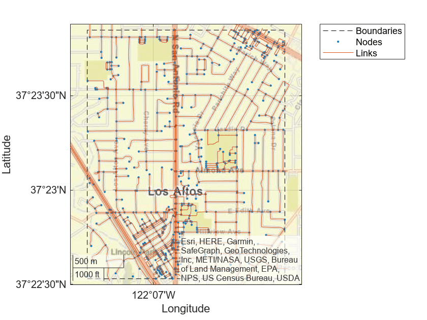 Figure contains an axes object with type geoaxes. The geoaxes object contains 3 objects of type line. One or more of the lines displays its values using only markers These objects represent Boundaries, Nodes, Links.