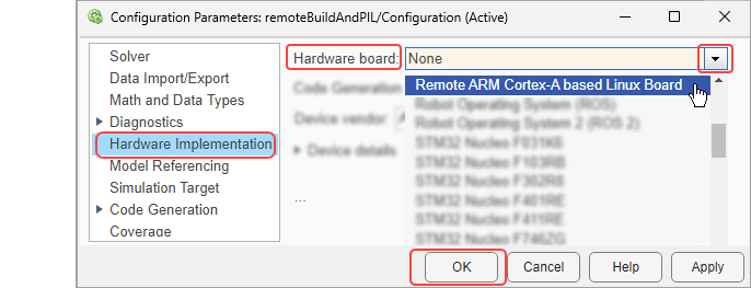 Configuration Parameters dialog box is open with the Hardware Implementation pane selected. In the Hardware board list, Remote ARM Cortex-A based Linux Board is selected.