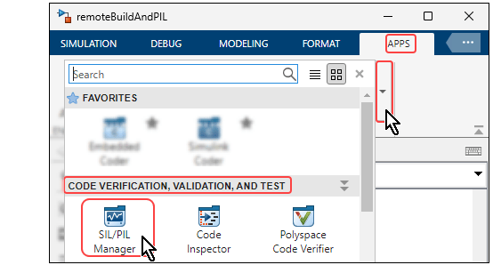 Model remoteBuildAndPIL open in Simulink editor. In the toolstrip, the Apps tab is selected. In the list of applications, the Sil/Pil Manager app is selected.