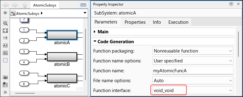 Subsystem block atomicA selected in the Simulink editor. In the Code Generation section of the Property Inspector, the selected value of the Function interface parameter is void-void.