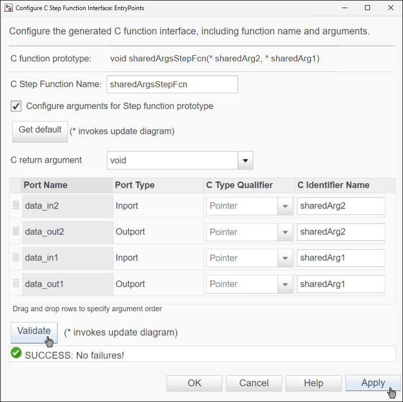 Configure C Step Function Interface dialog box. The value of C Step Function Name is sharedArgsStepFcn. The selected option of C return argument is void. The order of table entries and the port identifiers are as described. The C function prototype is void sharedArgsStepFcn( star sharedArg2, star sharedArg1).
