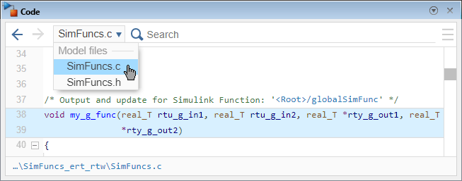 Code pane showing the prototype of the generated function in the file SimFuncs.c. The function prototype is void my_g_func(real_T rtu_g_in1, real_T rtu_g_in2, real_T *rty_g_out1, real_T *rty_g_out2).