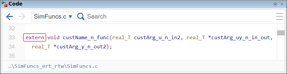 Code pane showing the function declaration in the file SimFuncs.c.