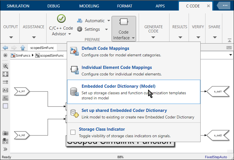 C Code tab is selected in the Simulink Toolstrip. The Code Interface button list is open and the mouse cursor is selecting Embedded Coder Dictionary (Model).