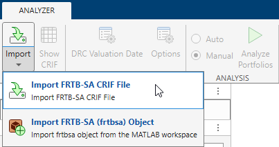 Import drop-down menu of FRTB-SA Analyzer app with Import FRTB-SA CRIF File selected