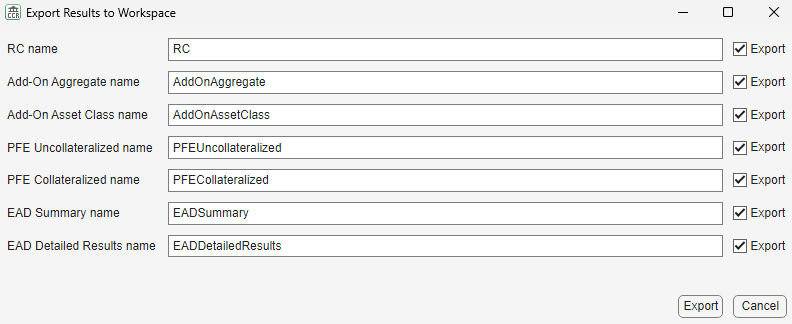 Export Results to Workspace dialog box SA-CCR Analyzer app