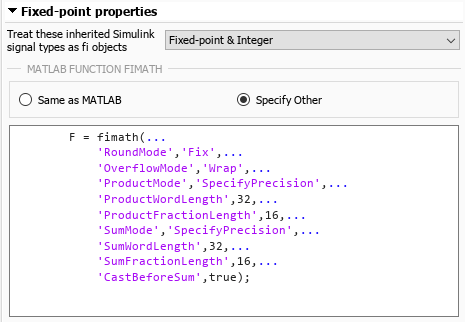 Specify Fixed-Point Math Properties in MATLAB Function Block