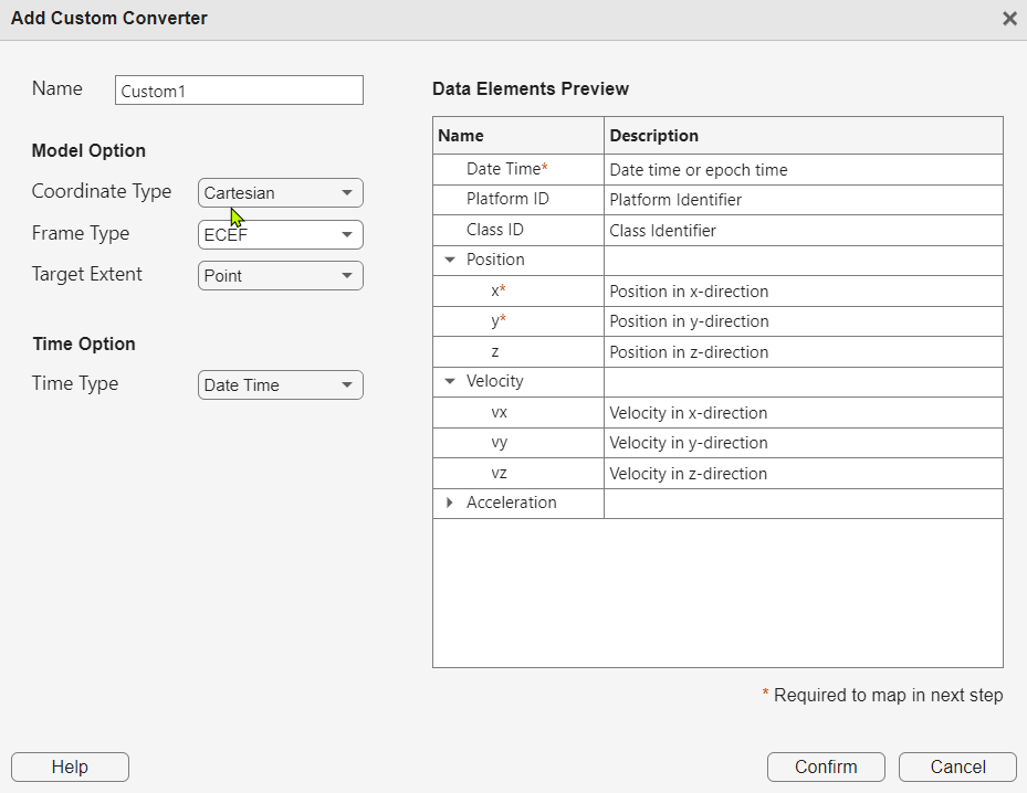 Custom converter definition dialog with Point target extent