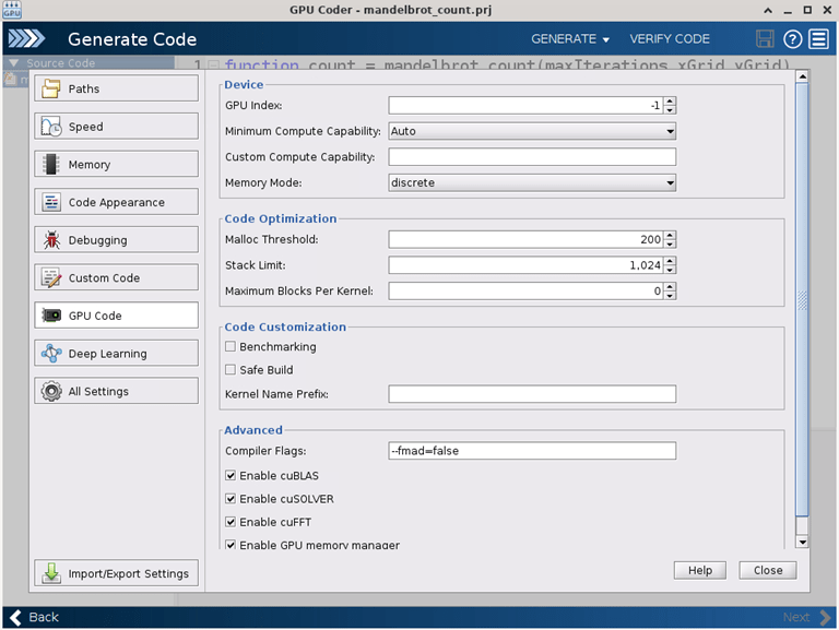 The GPU Code tab. The Compiler Flags option contains the flag --fmad=false.