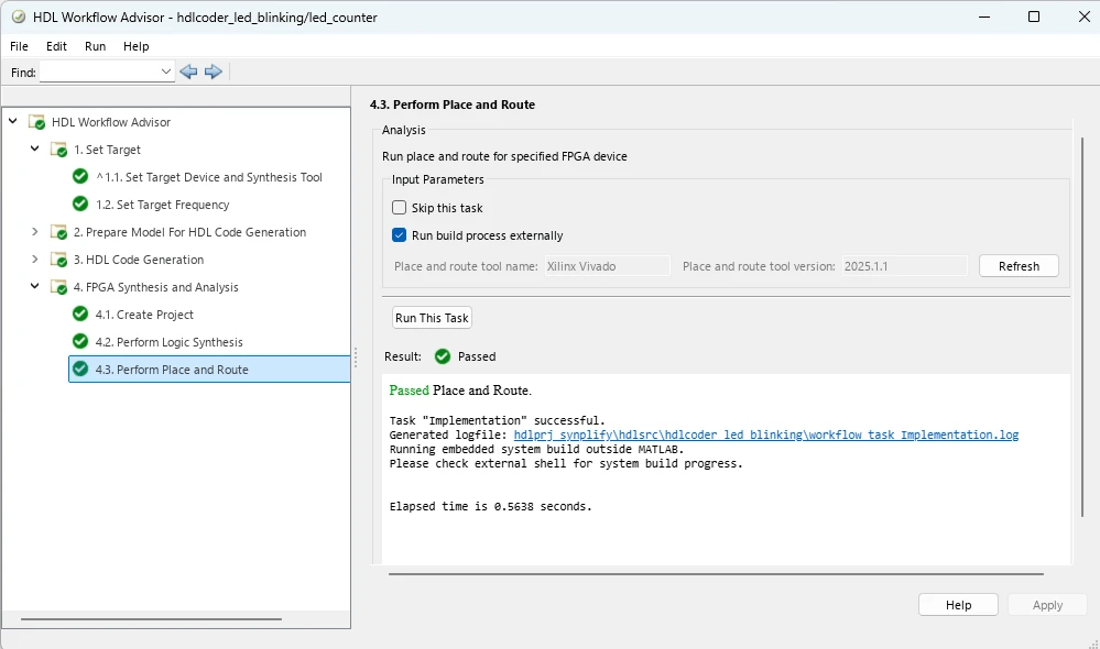 Perform Place and Route task in HDL Workflow Advisor