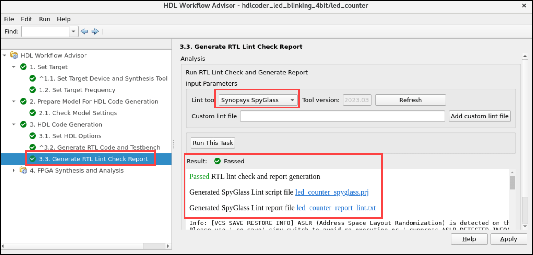 Selecting Synopsys SpyGlass Lint tool in HDL Workflow Advisor Task 3.3