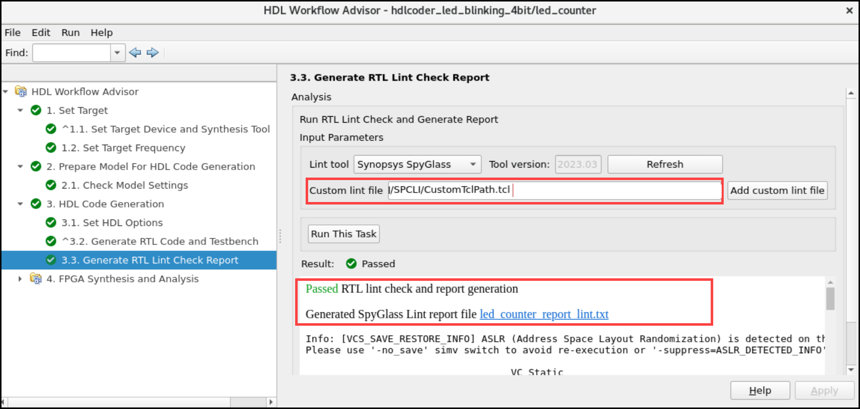 Selecting Custom lint file in HDL Workflow Advisor Task 3.3