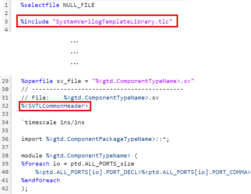 Snippet of sequential module template file showing the included file and template variables.