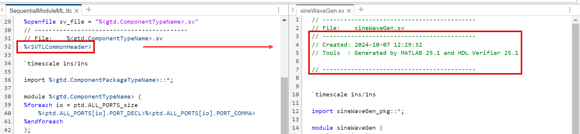 Side-by-side template file and generate file
