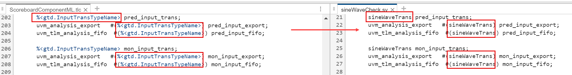 Side-by-side template file and generated file. It shows how to use the template variable.