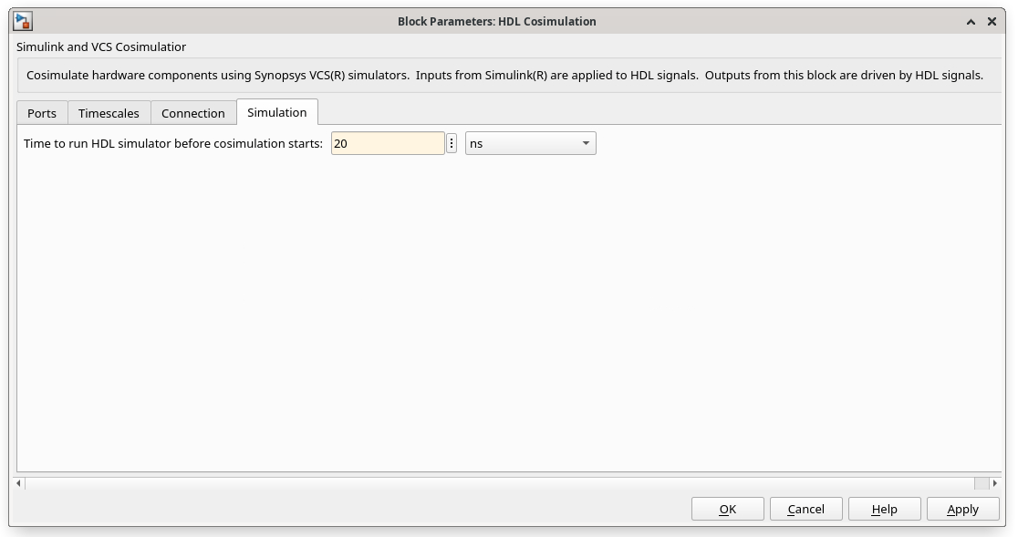 Simulation settings in the Block Parameters dialog box