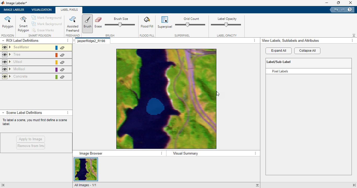 Labeled sea water pixels in Image Labeler.