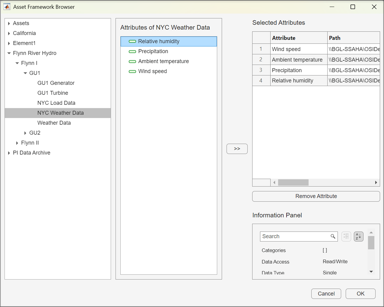 Asset Framework Browser with NYC Weather Data element selected, showing Wind speed, Ambient temperature, Precipitation, and Relative humidity attributes