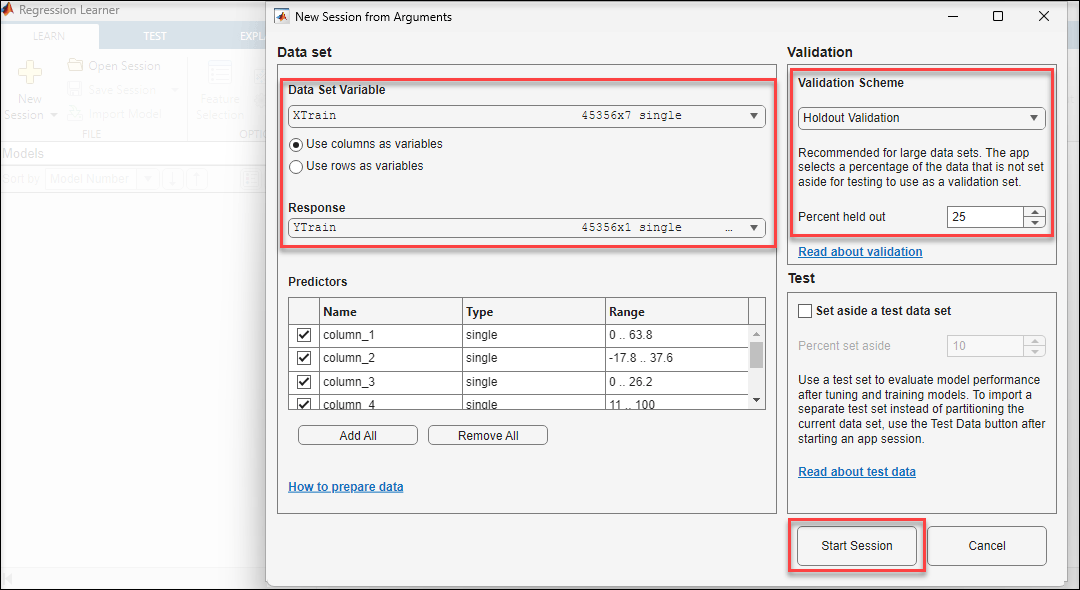 New Session from Arguments dialog box of Regression Learner app with XTrain as Data Set Variable, YTrain as Response, and Holdout Validation at 25 percent