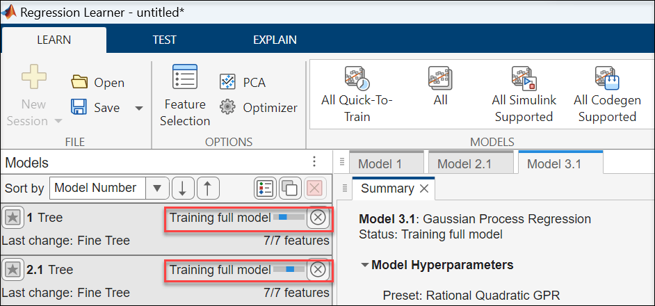 Regression Learner app showing training in progress with progress bars for Tree and GPR models