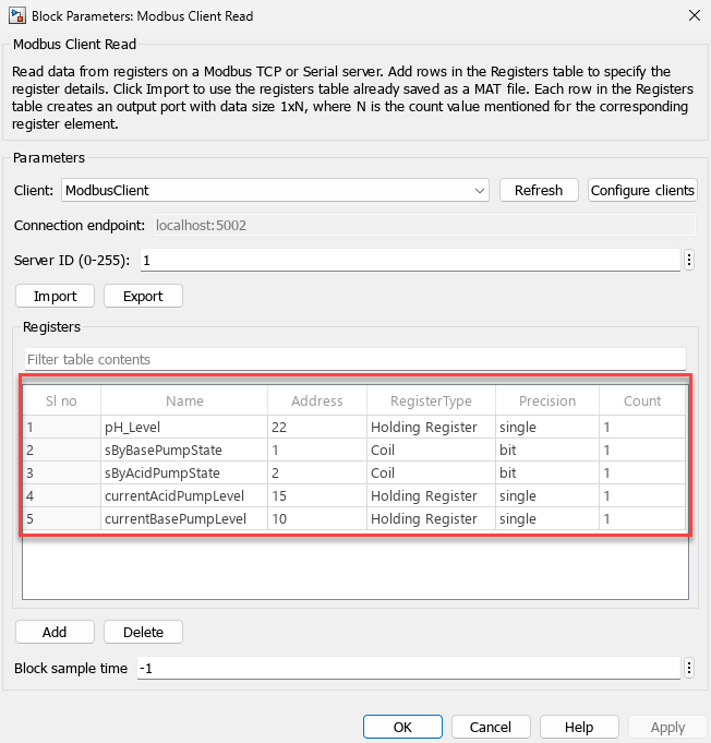 Modbus Client Read Block Parameters