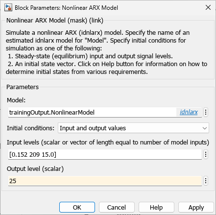 Block Parameters dialog box showing the parameters for the nonlinear ARX model block.