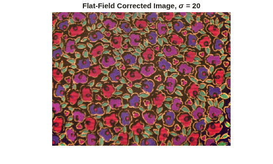Figure contains an axes object. The hidden axes object with title Flat-Field Corrected Image, sigma = 20 contains an object of type image.