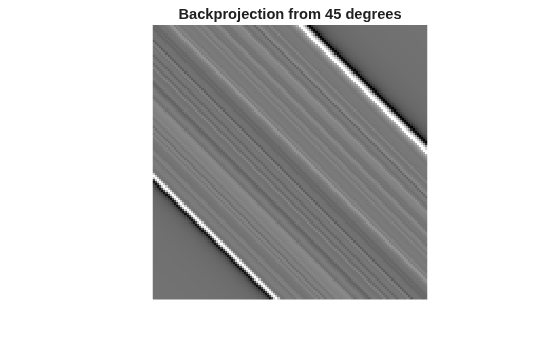 Figure contains an axes object. The hidden axes object with title Backprojection from 45 degrees contains an object of type image.