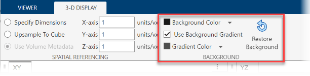 3-D Display tab with a red rectangle indicating the background color and gradient controls