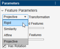 Transformation drop down menu with four transformation types: rigid, similarity, affine, and projective.