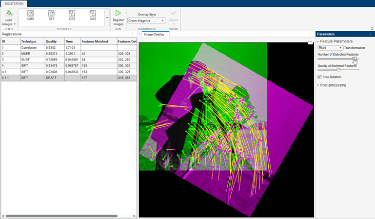 Registration Estimator app with a draft of a SIFT trial using a rigid transformation and a larger number of detected features. The trial has 177 matched features.