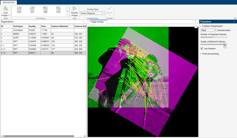 Registration Estimator app with a draft of a SIFT trial using a rigid transformation and a larger quality of matched features. The trial has 86 matched features.