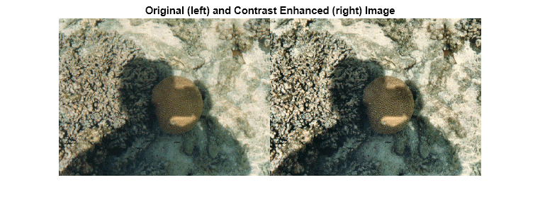 Figure contains an axes object. The hidden axes object with title Original (left) and Contrast Enhanced (right) Image contains an object of type image.