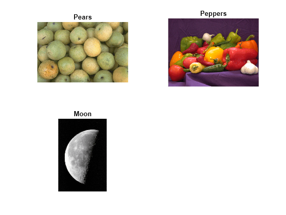 Figure contains 3 axes objects. Hidden axes object 1 with title Pears contains an object of type image. Hidden axes object 2 with title Peppers contains an object of type image. Hidden axes object 3 with title Moon contains an object of type image.