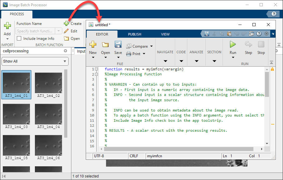 Click Create to open the batch processing function template