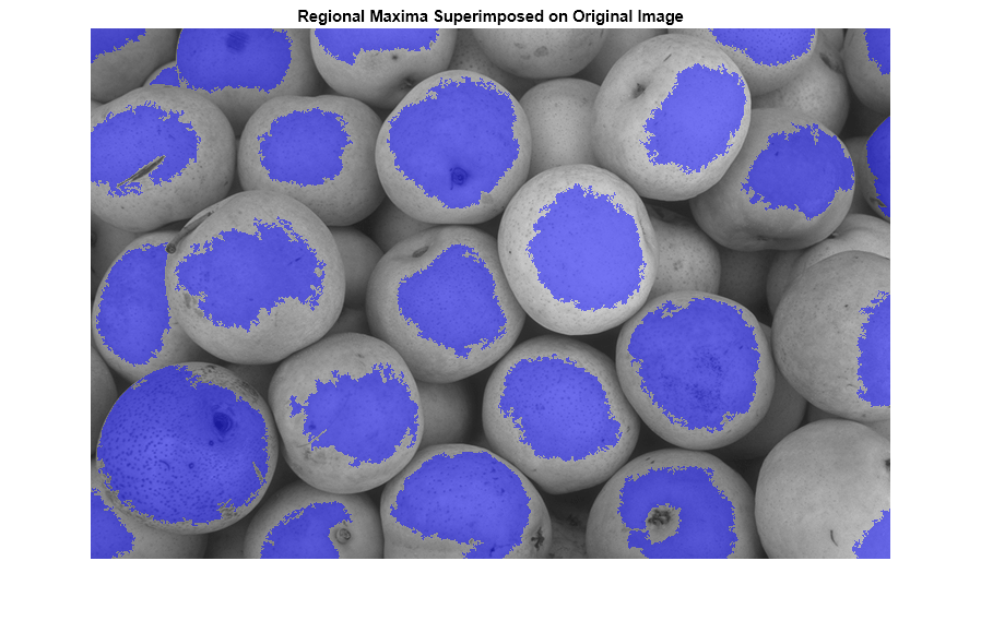 Figure contains an axes object. The hidden axes object with title Regional Maxima Superimposed on Original Image contains an object of type image.