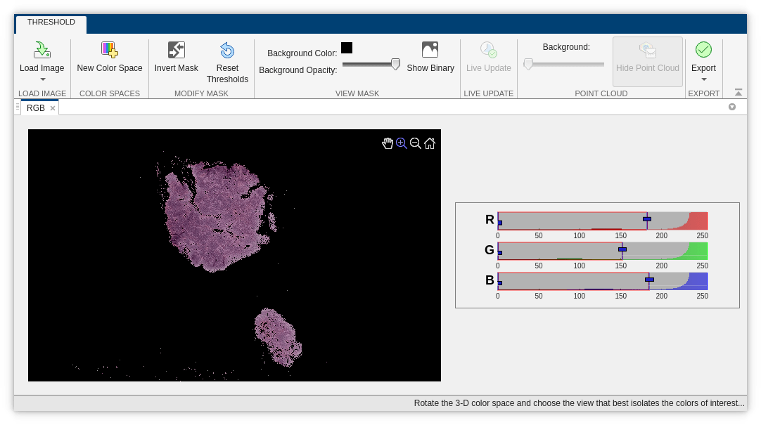 Color Thresholder app window showing tissue with RGB thresholds applied