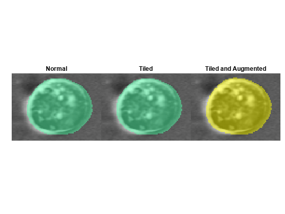 Figure contains 3 axes objects. Axes object 1 with title Normal contains an object of type image. Axes object 2 with title Tiled contains an object of type image. Axes object 3 with title Tiled and Augmented contains an object of type image.