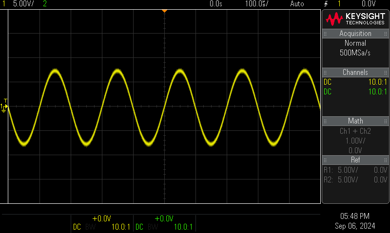 Oscilloscope display showing a generated sinusoid waveform.