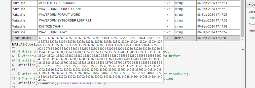 Communication Log displaying the acquired waveform data.