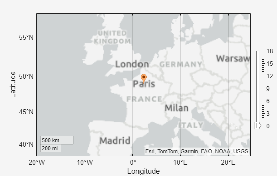 Figure contains an axes object and an object of type uislider. The geoaxes object contains an object of type iconchart.