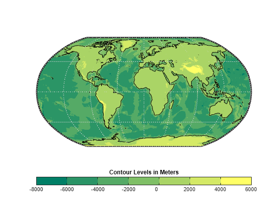 Figure contains 2 axes objects. Axes object 1 with title Contour Levels in Meters contains an object of type image. Hidden axes object 2 contains 5 objects of type patch, surface, line.