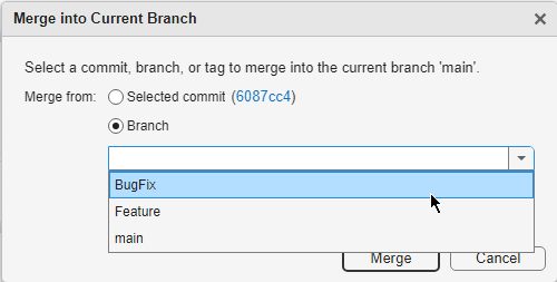 Merge into Current Branch dialog with the Branch option selected and the BugFix highlighted.
