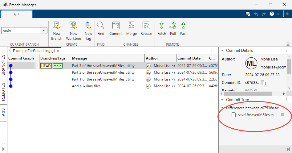 Squash Git Commits in MATLAB