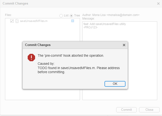 Error dialog forwarding the error from the pre-commit hook